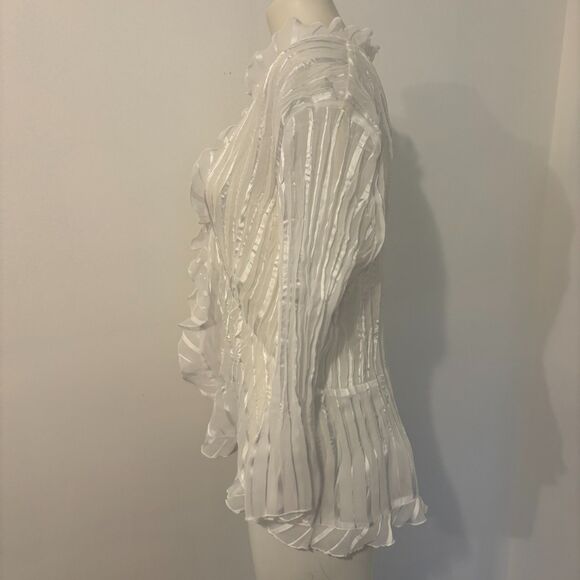 Notations size XL Sheer White Ruffle Y2K Tie Front 70s Style Office Siren Blouse - Picture 3 of 6